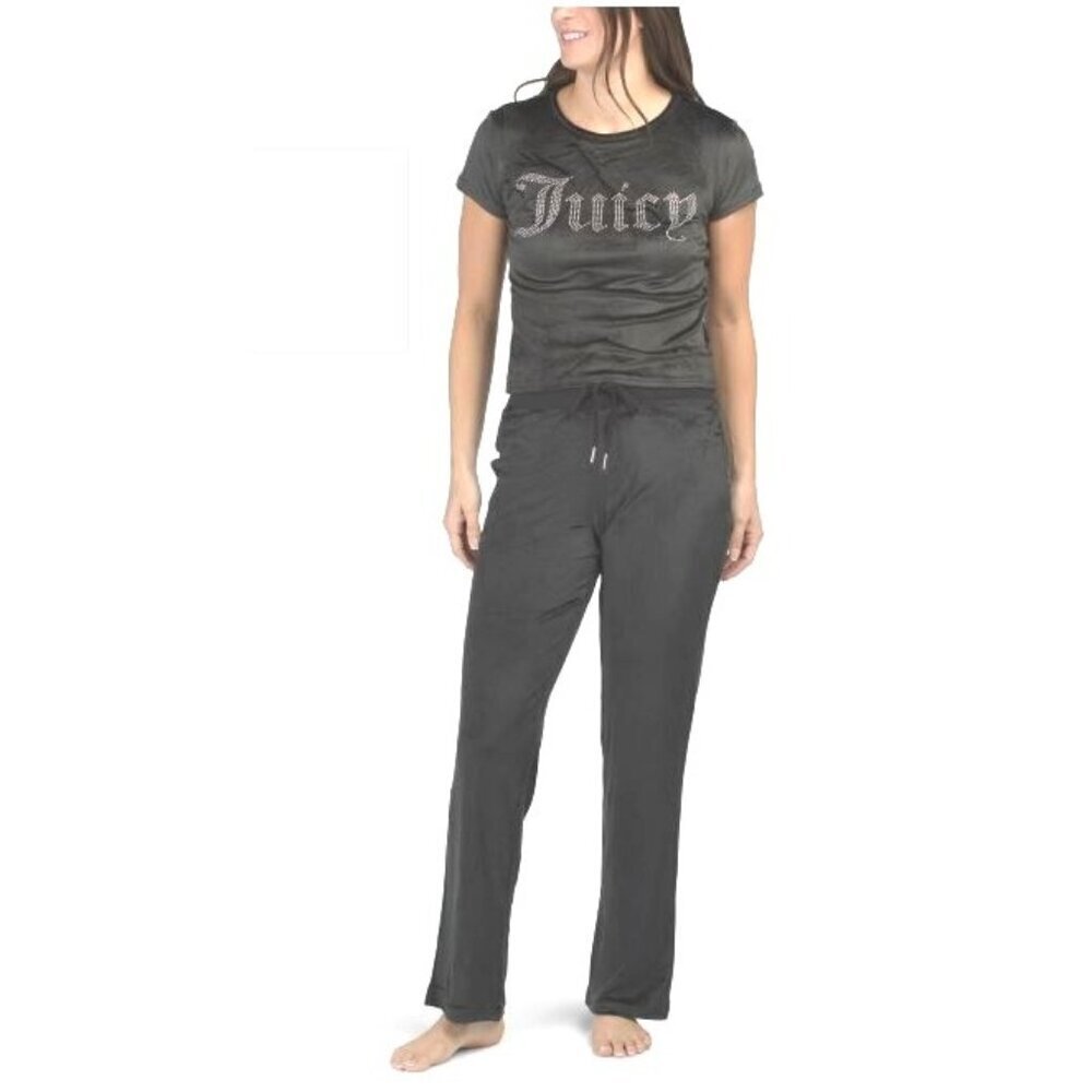 Juicy Couture Womens Black Velvet Rhinestone Top And Pants 2 Pc Sets Sz L New